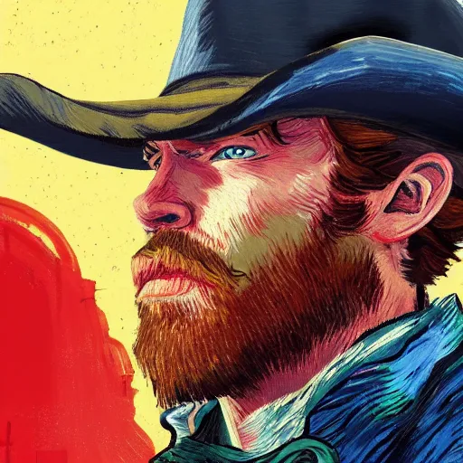 Image similar to Arthur Morgan (from Red Dead Redemption 2) in the style of Vincent Van Gogh, masterpiece digital painting, 4k wallpaper, intricate detail, beautiful, gorgeous, stunning, artstation
