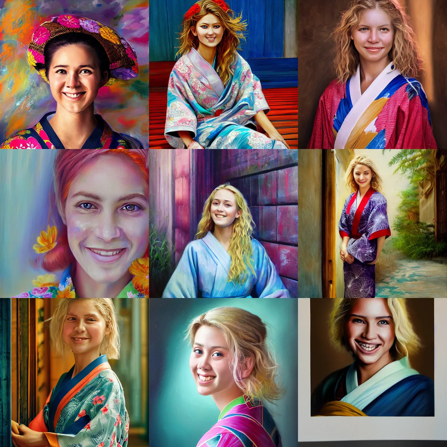 Prompt: stunning, breathtaking, awe - inspiring award - winning concept art portrait painting by steve mccurry of a beautiful young smiling blonde white woman with short, wavy hair, wearing a colorful yukata, unreal engine