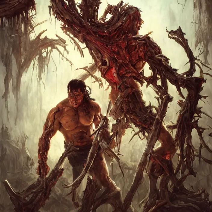 Prompt: The evil dead, manowar album cover, Muscular man, chainsaw attached to hand, ripping demons to shreds, blood, artstation, concept art, smooth, sharp focus, highly detailed, illustration, art by artgerm and greg rutkowski and alphonse mucha