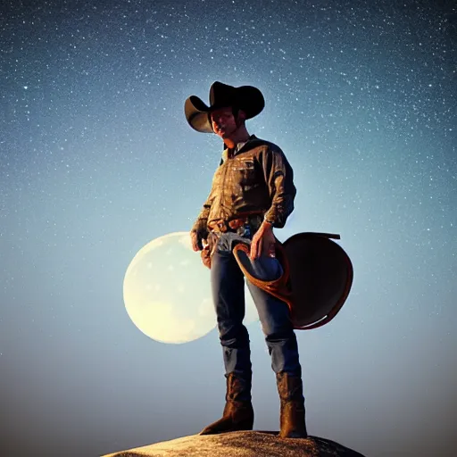 Image similar to cowboy standing on the moon looking up at earth and the stars, photorealistic, octane render, blender render, unreal engine, 3 5 mm