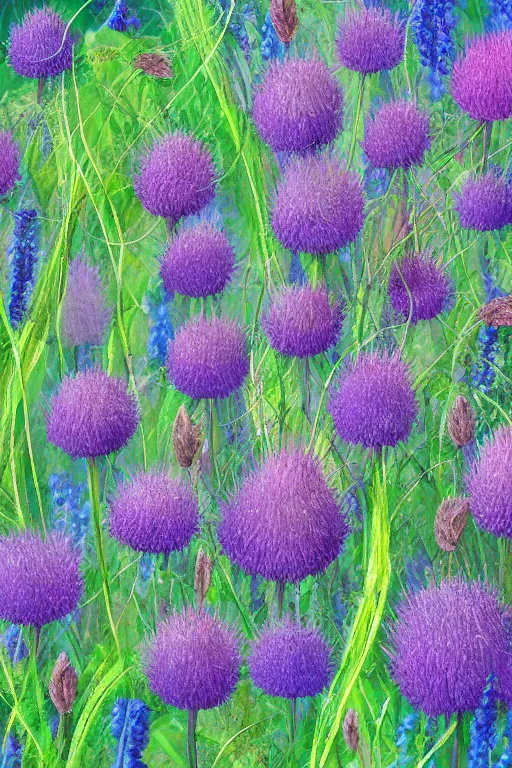 Prompt: beautiful digital matter cinematic painting of whimsical botanical illustration of thistles and bluebells, whimsical scene bygreg rutkowki artstation