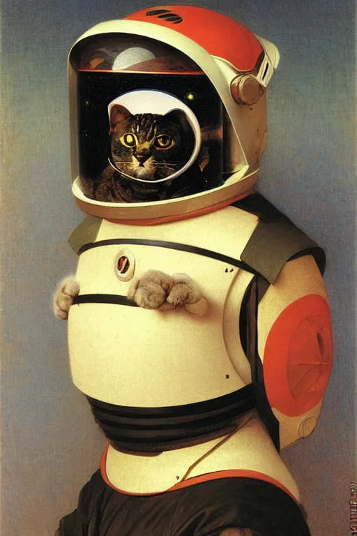 Image similar to portrait of a cat astronaut with japanese armor and helmet, by bouguereau