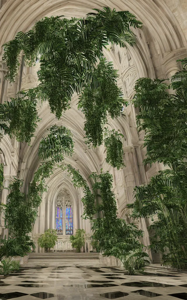 Image similar to beautiful grand cathedral interior with!! koi pond!! in the! middle! surrounded by palm trees, ivy,!! flowers!!, ( tropical plants ),!! roses!!, and with archways, rendered in octane render with photorealistic volumetric cinematic lighting, wide angle, horizontal symmetry, symmetrical! 8 k
