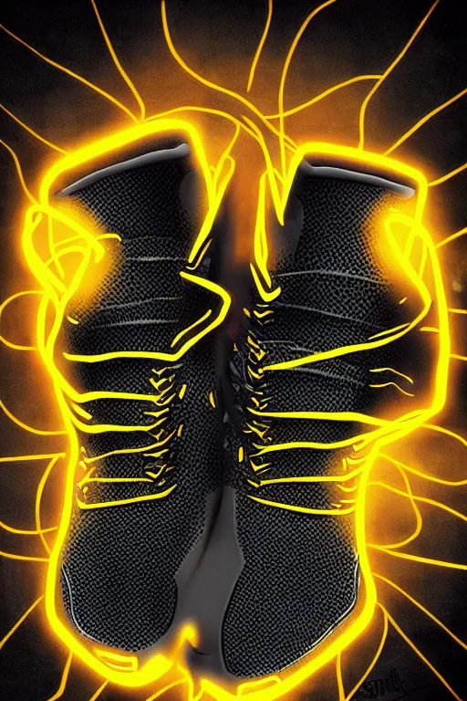 Image similar to glowing black basketball sneaker, wth short golden lines, yellow details, symmetrical, highly detailed, digital art, sharp focus, trending on art station, samurai, electricity superpowers, anime art style