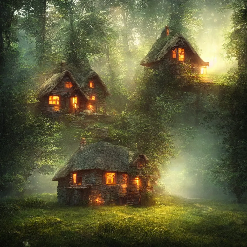 Image similar to a cottage in the woods , fantasy, hyper realistic, dramatic lighting, 8k