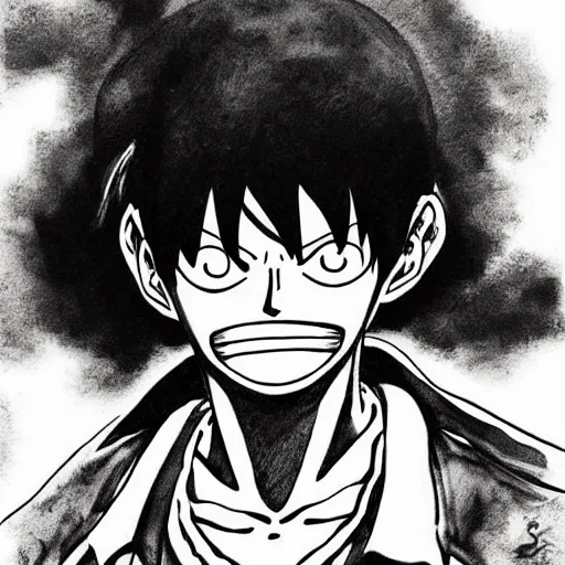 Prompt: Luffy from one piece One Piece, 1997 , artwork by kentaro miura, Kentaro Miura style, Berserk Style, High details, centered full body pose, zenith angle, dramatic lighting, concept, manga, black and white ink style, a lot of details with ink shadows