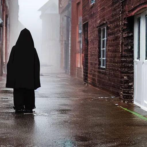 Image similar to A demonic hooded figure leaning on a wall in a alleyway during a rain storm