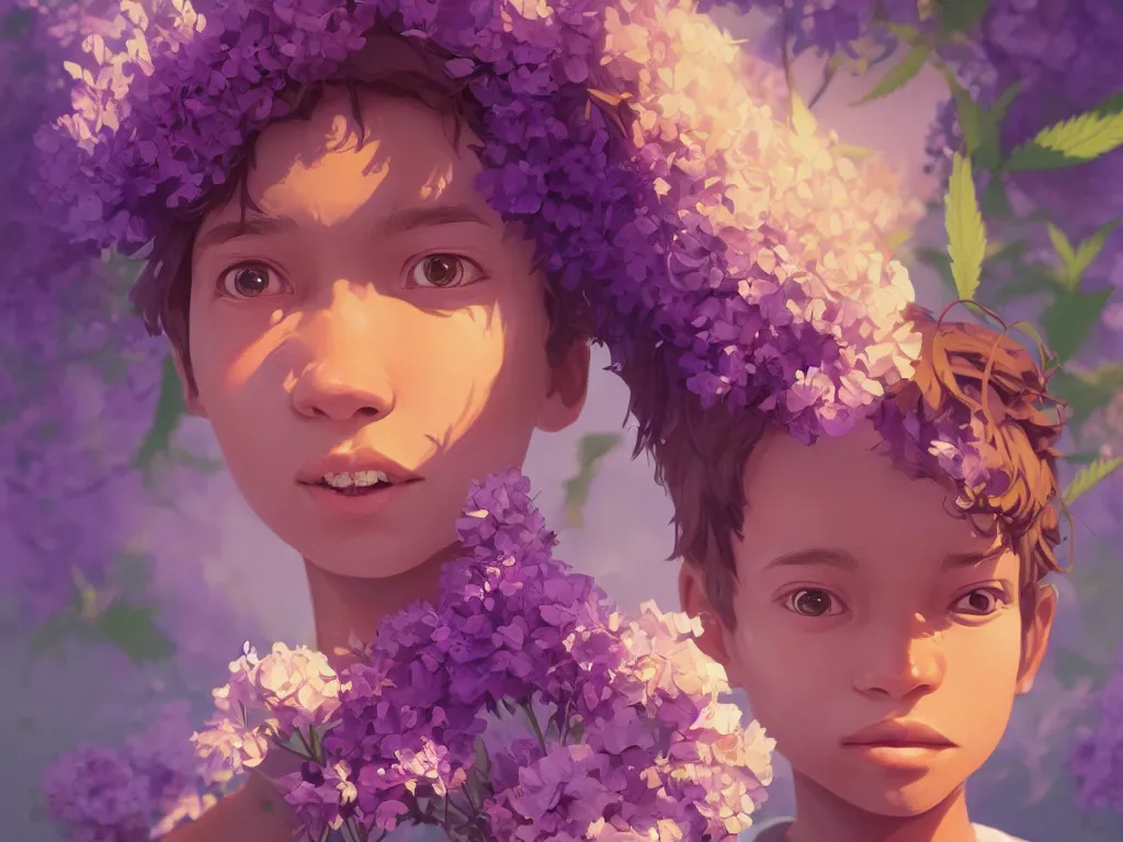 Image similar to kid with symmetrical beauty face, purple flowers of marijuana hemp cannabis, behance hd, by jesper ejsing, by rhads, makoto shinkai, lois van baarle, ilya kuvshinov, rossdraws global illumination, golden ratio