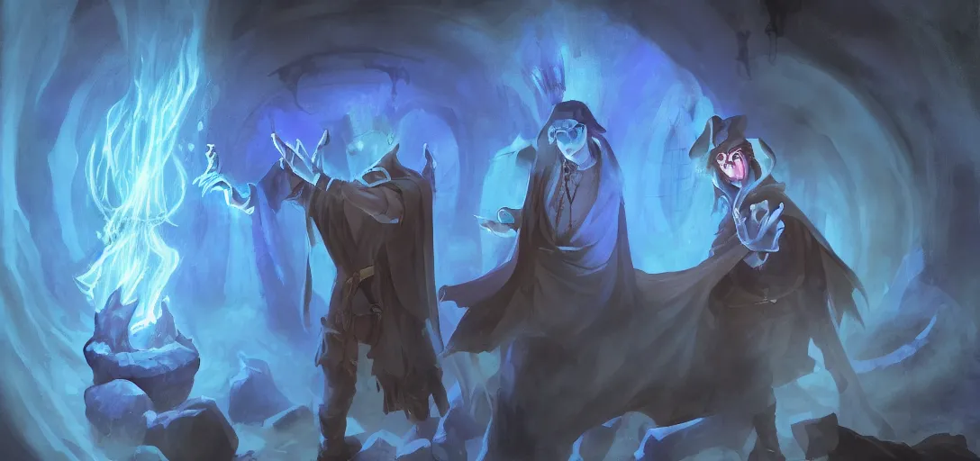 Image similar to 'stylized D&D wizard character, handsome young necromancer casting a spell to reanimate a corpse inside a dungeon chamber with eerie blue lighting'