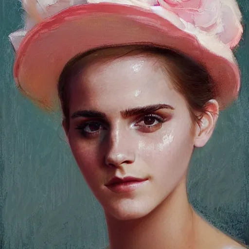 Image similar to happy very thick paint brush strokes paint texture full body fashion model emma watson by Jeremy Lipking by Hasui Kawase by Richard Schmid (((smokey eyes makeup eye shadow fantasy, glow, shimmer as victorian woman in a long white frilly lace dress and a large white hat having tea in a sunroom filled with flowers, roses and lush fern flowers ,intricate, night, highly detailed, dramatic lighting))) , high quality