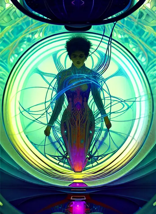 Prompt: high zoom, inside fractals!! calm, healing, resting, life, hybrids, scifi, glowing lights!!, published concept art, mixed medias, image overlays, sharp focus, thin glowing wires, top best illustration, various art styles, by greg rutkowski and alphonse mucha, singularity!!!, 3 6 0 capture