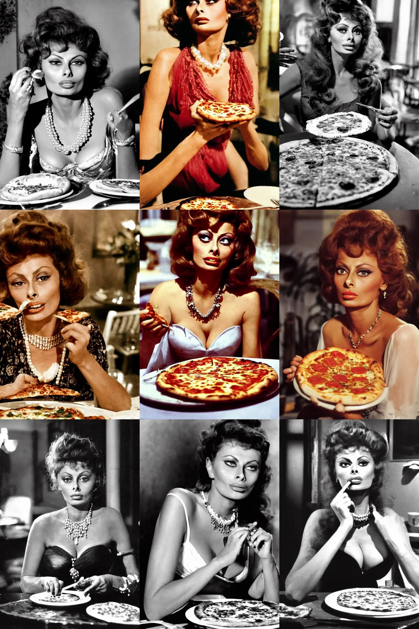 Prompt: a film still showing a young beautiful sophia loren, eating a pizza margherita with hands and a fork, intricate detailed dress, pearl necklace, large cornicione, smooth lighting, masterpiece, timeless, genious composition