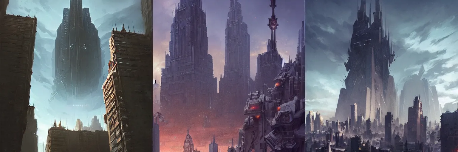 Prompt: evil giant towering over a city, low angle, one point perspective, artwork by Greg Rutkowski