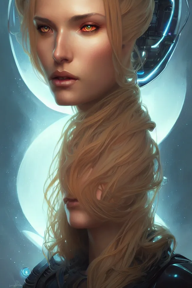 Image similar to futuristic woman portrait, sci-fi, amber eyes, face, long hair, fantasy, intricate, elegant, highly detailed, digital painting, artstation, concept art, smooth, sharp focus, illustration, art by artgerm and greg rutkowski and alphonse mucha