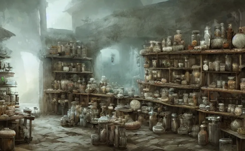 Image similar to an herbalist shop, adobe wall, simple wood shelves, lots of jars and boxes of herbs, dark fantasy matte painting in the style of ruan jia and craig mullins