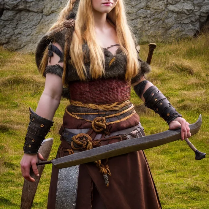 Image similar to full length photograph of a real-life female beautiful viking, Extremely detailed. 8k