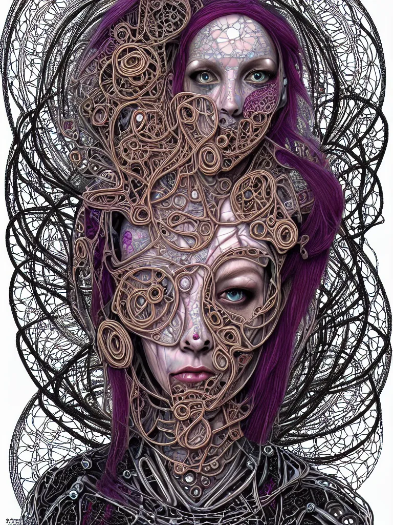 Image similar to full colour beautiful biomechanical female blonde dreadlock cyborg, realistic skin, geometrical octagonal lace tattoos, alexander mcqueen, art nouveau fashion embroidered, futuristic android jones style steampunk, trippy lsd hippie, craftsmanship, intricate silver filigrees, contrast hexagonal mesh wire, mandelbrot fractal mandala, alex grey, giger, hyperreal, photorealistic