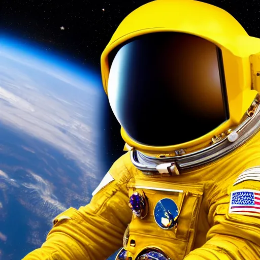 Image similar to astronaut in space, galactic background reflections on suit on one side and a yellow planet on the other side