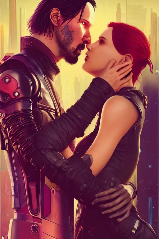 Image similar to a cyberpunk 2077 couple portrait of Keanu Reeves & female android final kiss in the night city,love,by Laurie Greasley,Lawrence Alma-Tadema,Dan Mumford,Andrei Riabovitchev,John Wick,Replicas,artstation,deviantart,FAN ART,Digital painting,face enhance,highly detailed,8K,octane,golden ratio,cinematic lighting