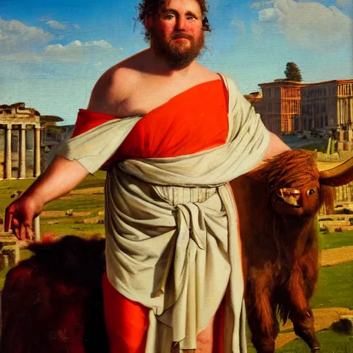 Image similar to idealized oil painting portrait of a man wearing a roman toga, posing with a highland cow, in the roman forum with no cropping.