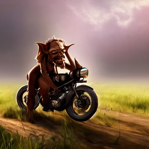 Prompt: a goblin wearing high riding boots riding a steampunk motorcycle on a dirt road in a meadow in mid day, volumetric light, soft ligthing, soft shadows, hyperdetailed, artstation, cgsociety, 8k