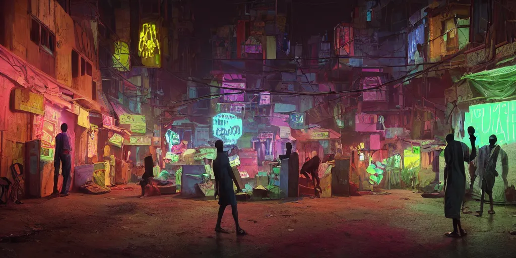 Prompt: stylish - caricature - environment concept - art of a neon lit ajegunle slum in nigeria, night, photographed by vivian maier, unreal engine 3 d vfx render, digital illustration by mike winkelmann, intricate detail, sharp, volumetric light, ray tracing, soft light, colourful, claymation, acrylic on canvas, cinestill, rule of thirds,