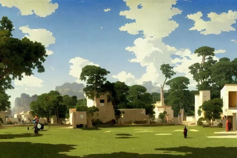 Prompt: a beautiful landscape of a futuristic science fiction village in the french countryside during spring season, painting by studio ghibli hd and william adolphe bouguereau hd, nice afternoon lighting, smooth tiny details, soft and clear shadows, low contrast, perfect