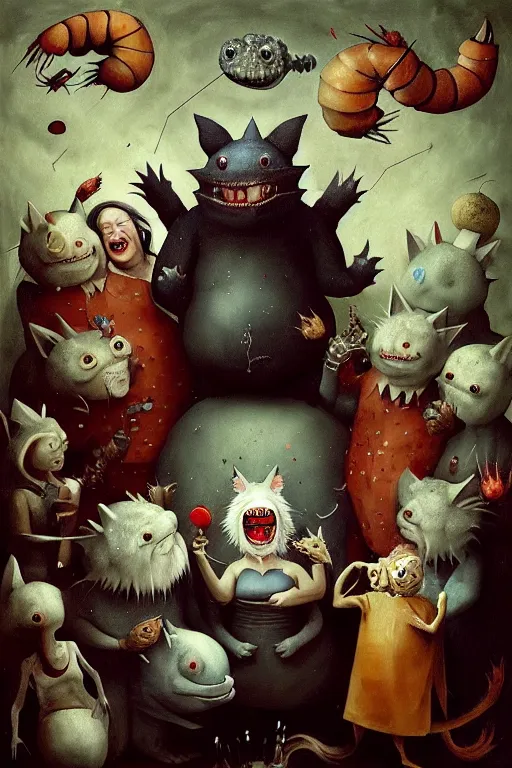 Image similar to hieronymus bosch, greg rutkowski, anna podedworna, painting of two white haired catgirls, a small fat blue godzilla, a pickle in a suit and tie, a cybernetic fox woman, a woman with one eye, a small hedgehog, a man with a shrimp for a head, all laughing at a vampire clown with red hair