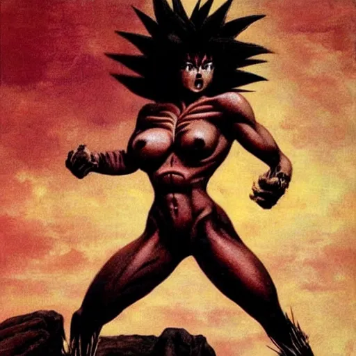 Prompt: Muscular savage woman, wild spiky black Saiyan hair, electrified hair, animal skin pelt, pelt, human-skin pelt, ragged torn caveman pelt, cavewoman, prehistoric fantasy, primeval fantasy, electricity aura, battle scars across body, red sky, battle-scarred, bloody, drawn by Frank Frazetta, pulp art, hyper-detailed