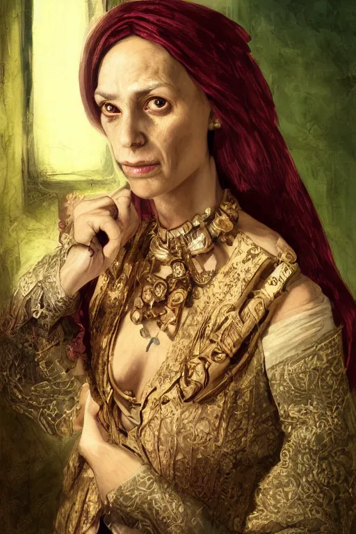 Prompt: portrait, headshot, digital painting, of a 17th century, beautiful, middle aged, middle eastern, wrinkles, wicked, cyborg merchant woman, dark hair, amber jewels, baroque, ornate dark green clothing, scifi, futuristic, realistic, hyperdetailed, concept art, chiaroscuro, side lighting, art by waterhouse