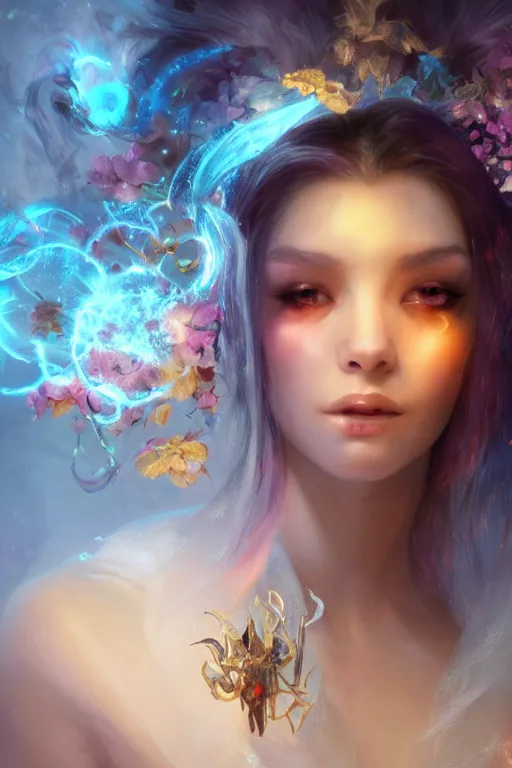 Image similar to face closeup of extremely beautiful girl necromancer, magical fairy flowers and ice, angels, 3 d render, hyper - realistic detailed portrait, holding fire and electricity rainbow, ruan jia, wlop. scifi, fantasy, magic the gathering, hyper detailed, octane render, concept art, peter mohrbacher