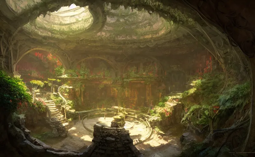 Prompt: painting of an interior of a hidden circular living complex carved inside a mountain, small hot spring and lush garden outside, other bedrooms can be seen, natural light, fantasy, natural light, concept art, by greg rutkowski and craig mullins, cozy atmospheric and cinematic lighting, trending on artstation