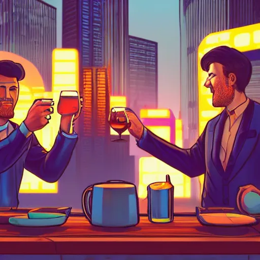 Prompt: two men toast while waiting for the end of the world in a cyberpunk city, realistic, high definition, 4K, shimmering color, symmetrical face, hyper detailed, art of unreal ingine 5