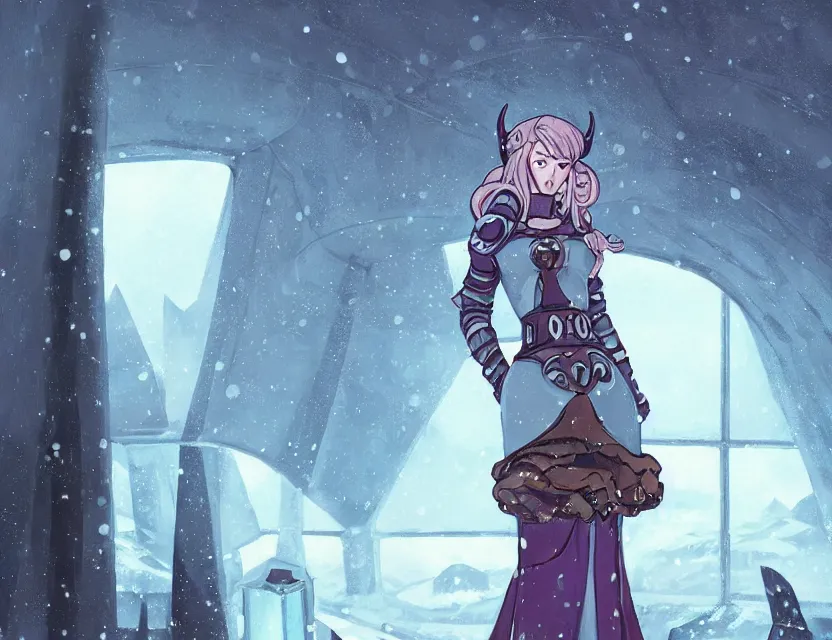 Prompt: viking scifi princess in a snowy mountain cafe, wearing a lovely dress with cyberpunk elements. this oil painting by the award - winning mangaka has an interesting color scheme and impeccable lighting.