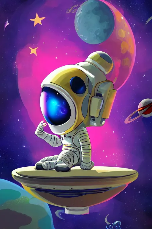 Prompt: an Astronaut lie relaxed on a crescent moon between the stars and the planets in outer space, cosmonaut psychedelic style, 4k, illustration, trending on artstation by David Nakayama and tyler edlin