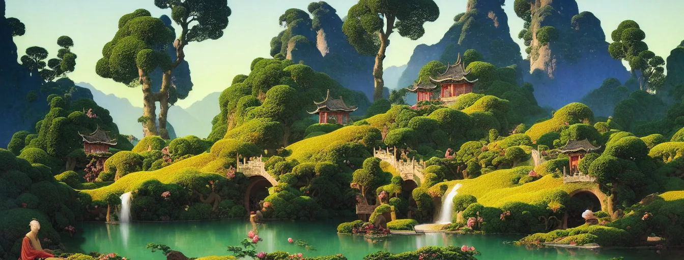 Image similar to a gorgeous landscape painting by barlowe wayne maxfield parrish and marco mazzoni. early spring morning. bench terrace. close - up shot on hyper detailed trees has just sprouted!! tyndall effec, light effect. chinese village. china waterwheel. the winding steps, waterfall from the mountain. ultra clear detailed. highly detailed, 3 d, octane render.