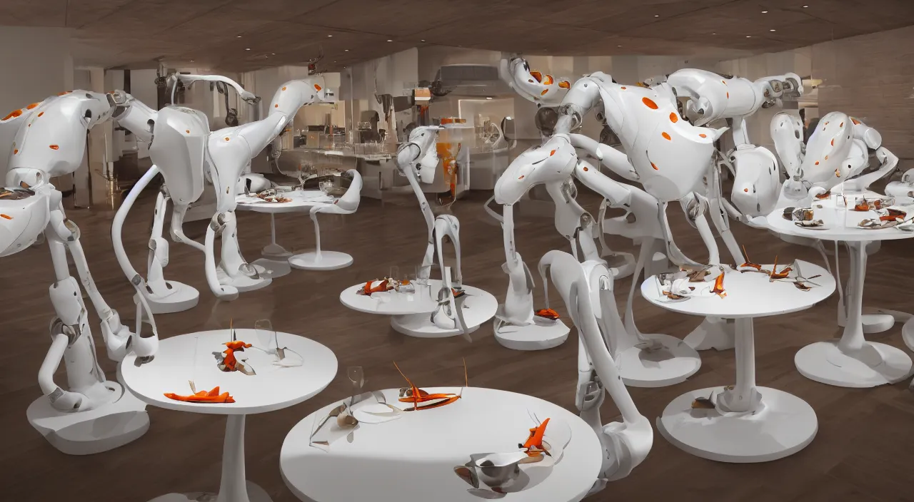 Image similar to three large white glossy kuka industrial robot arms on the floor around a dinner table, the kuka industrial robot arms are wearing bow ties, the table is full of food, they are having dinner inside a fine dining restaurant with mid century modern furniture and decor, global illumination, artstation, fantasy