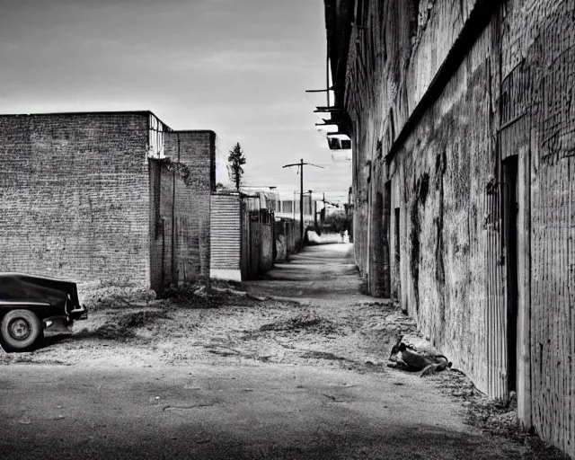 Prompt: beautiful minimalistic realistic photograph, abandoned cars park in a quiet alley by langdon clay, Peter Lippmann, VSCO film grain