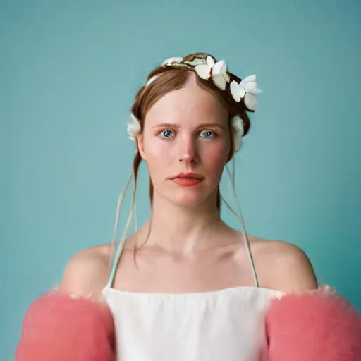 Prompt: a photograph of beautiful nordic woman wearing a white folkdrakt dress, she has a summer flower headband. against a teal studio backdrop. medium close - up. strong kodak portra 4 0 0 film look. film grain.