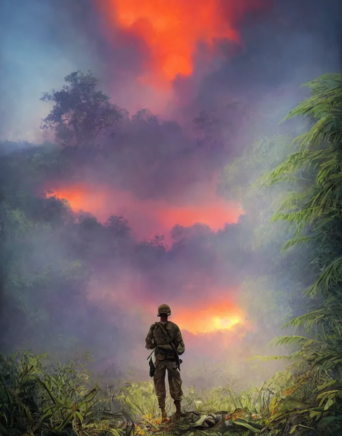 Prompt: A lonely american soldier beholds the vastness of the jungle at the Vietnam War, fire and mist, boixcar style, oil on canvas cover art with warm and vibrant colors, cinematic lighting, art by Stanley ‘Artgerm’ Lau, Greg Rutkowski and Alex Ross, award-winning masterpiece with incredible and beautiful details digital art, trending on artstation, smooth, HD, 4K