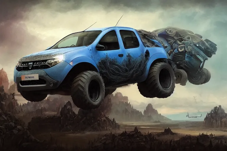 Prompt: a Dacia Logan as a monster truck, coriolios rpg art style, full of details, dark sci-fi, cold blue colors, matte painting, artstation, 8k, hyperrealistic, style of peter mohrbacher