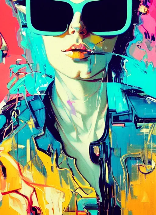 Prompt: an angelic hacker with wavy turquoise hair in vast cyberspace glitching through a vulnerable server, wearing sunglasses, futuristic clothes, vibrant colors, rule of thirds, spotlight, drips of paint, expressive, passionate, by greg rutkowski, by jeremy mann, by francoise nielly, by van gogh, digital painting