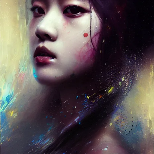 Prompt: jisoo of blackpink, hyperrealistic portrait, bladerunner street, art of elysium by karol bak and agnes cecile, fantasy art, photo realistic, dynamic lighting, artstation, poster, volumetric lighting, very detailed face, 8 k, award winning