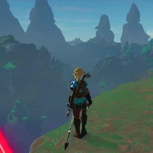 Image similar to a screencap of the legend of zelda breath of the wild, of darth vader in breath of the wild