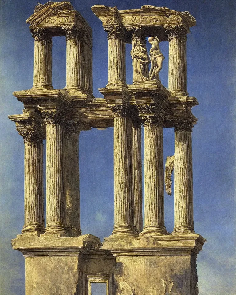 Prompt: achingly beautiful painting of intricate ancient roman corinthian capital on sapphire gemstone background by rene magritte, monet, and turner. giovanni battista piranesi.