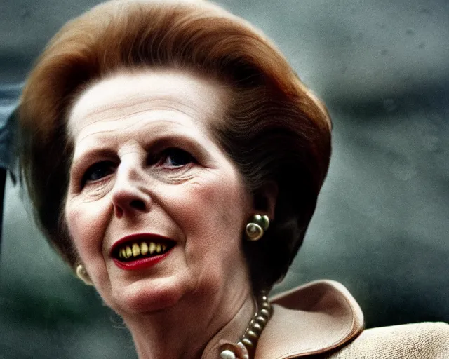 Prompt: margaret thatcher covered in rain wearing bikini, atmospheric moody hyper realistic award winning color cinematic still 8 k