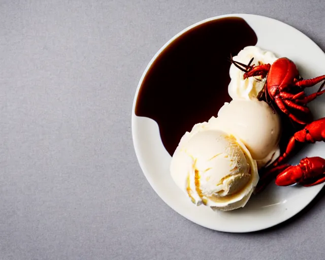 Image similar to dslr food photograph of a plate of lots of vanilla ice cream and a crawfish, some chocolate sauce, 8 5 mm f 1. 4