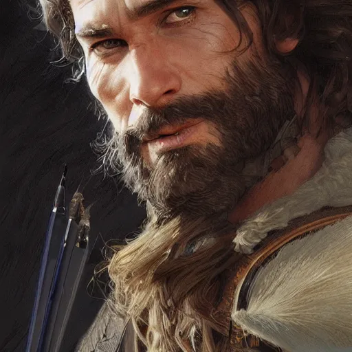 Image similar to portrait of a young, ruggedly handsome ranger, soft hair, muscular, half body, hairy, d & d, fantasy, intricate, elegant, highly detailed, digital painting, artstation, concept art, smooth, sharp focus, illustration, art by artgerm and greg rutkowski and alphonse mucha