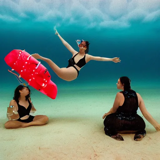 Image similar to dreamlike film photography of a three beautiful women in black one piece swimsuits sitting at a picnic table eating sandwhiches at night underwater in front of colourful underwater clouds by Kim Keever. In the foreground floats a seasnake. low shutter speed, 35mm