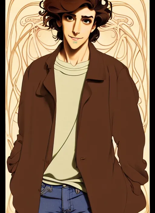 Image similar to art nouveau portrait of a handsome young man with medium length big mess of curly light brown hair, brown eyes, aloof, serious expression, t - shirt, modern casual clothing, natural lighting, path traced, highly detailed, high quality, cartoon, digital painting, by don bluth and ross tran and studio ghibli and alphonse mucha